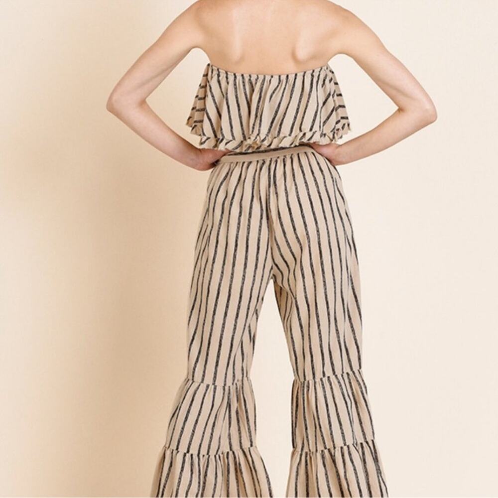 Umgee Beige and Black Striped Strapless Romper - Picture 3 of 8